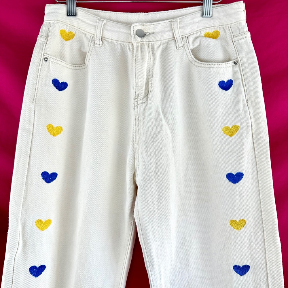 Heart Embroidered Denim Pants Off White Blue Yellow Valentine‎ Novelty Dopamine